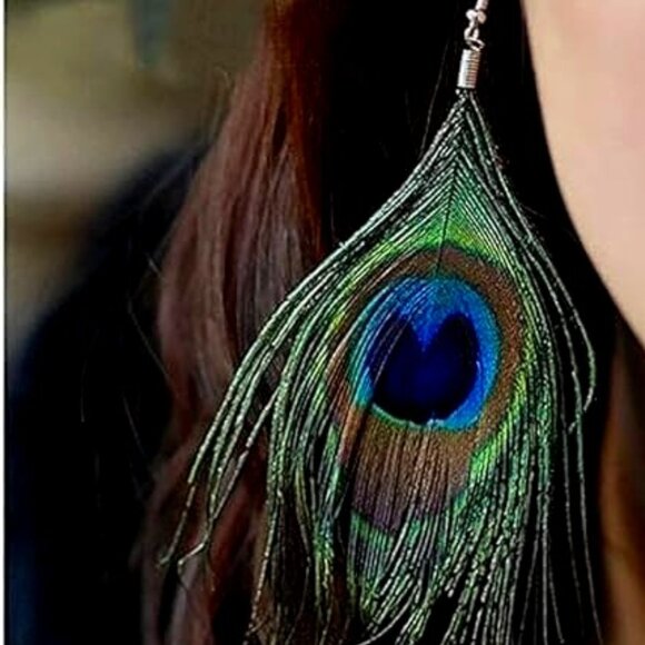 Peacock Feather Hook Dangle Boho Earrings - Picture 2 of 5